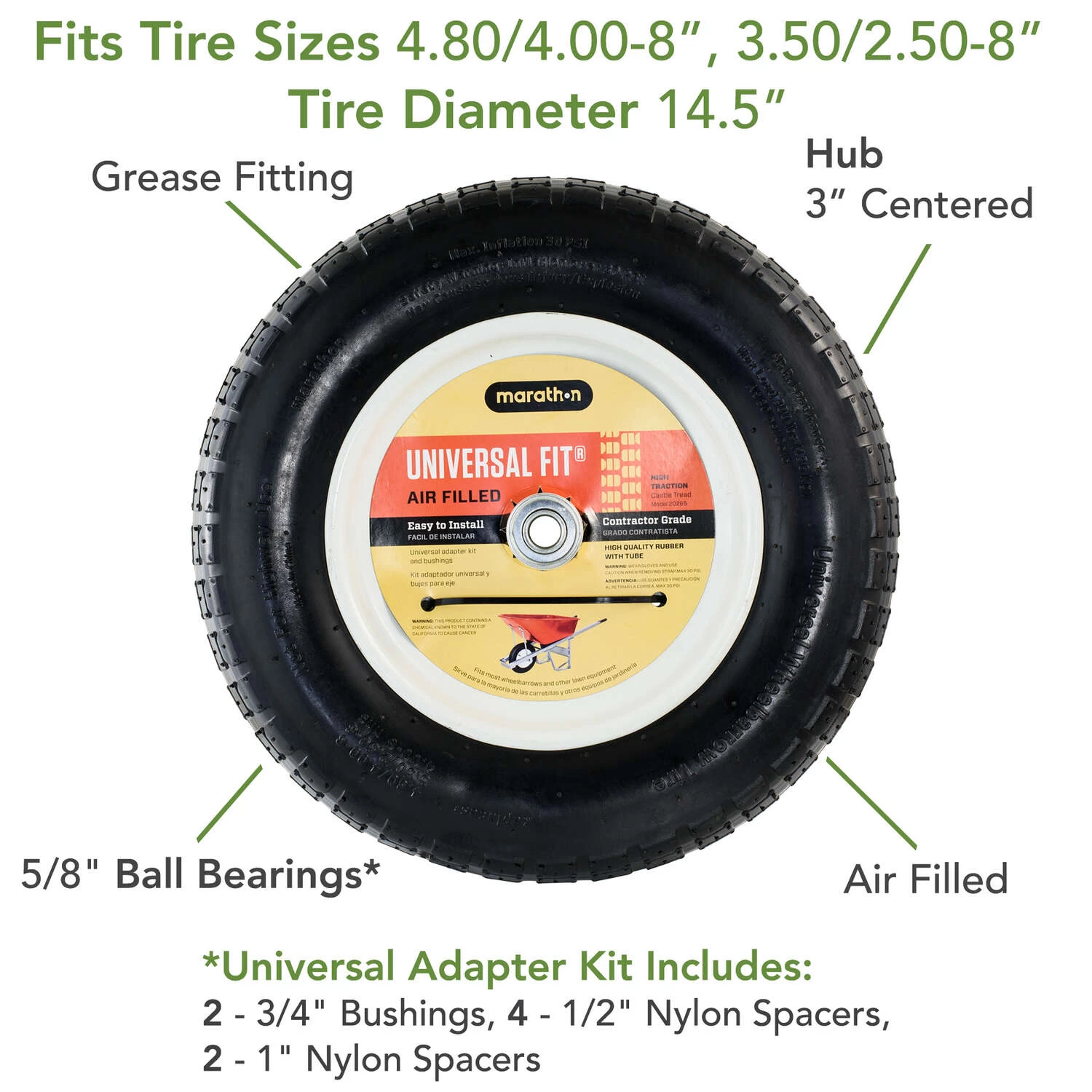 Marathon Universal Fit 8 In. D X 14.5 In. D 300 Lb. Cap. Centered Wheelbarrow Tire Rubber 1 Pk 3 Marathon Universal Fit 8 In. D X 14.5 In. D 300 Lb. Cap. Centered Wheelbarrow Tire Rubber 1 Pk - Image 3