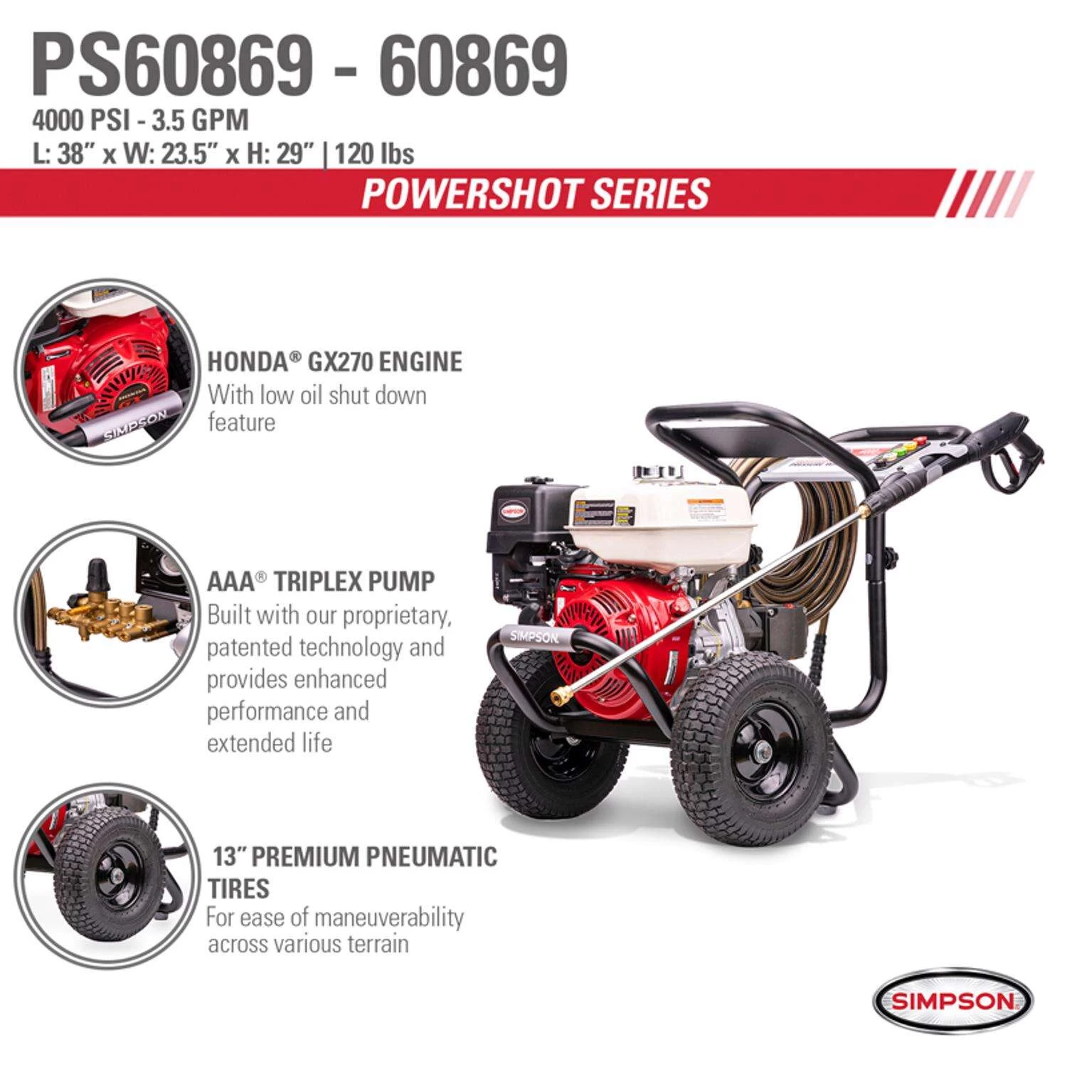 Simpson PowerShot PS60869 Honda 4000 Psi Gas 3.5 Gpm Pressure Washer 3 Simpson PowerShot PS60869 Honda 4000 Psi Gas 3.5 Gpm Pressure Washer - Image 3