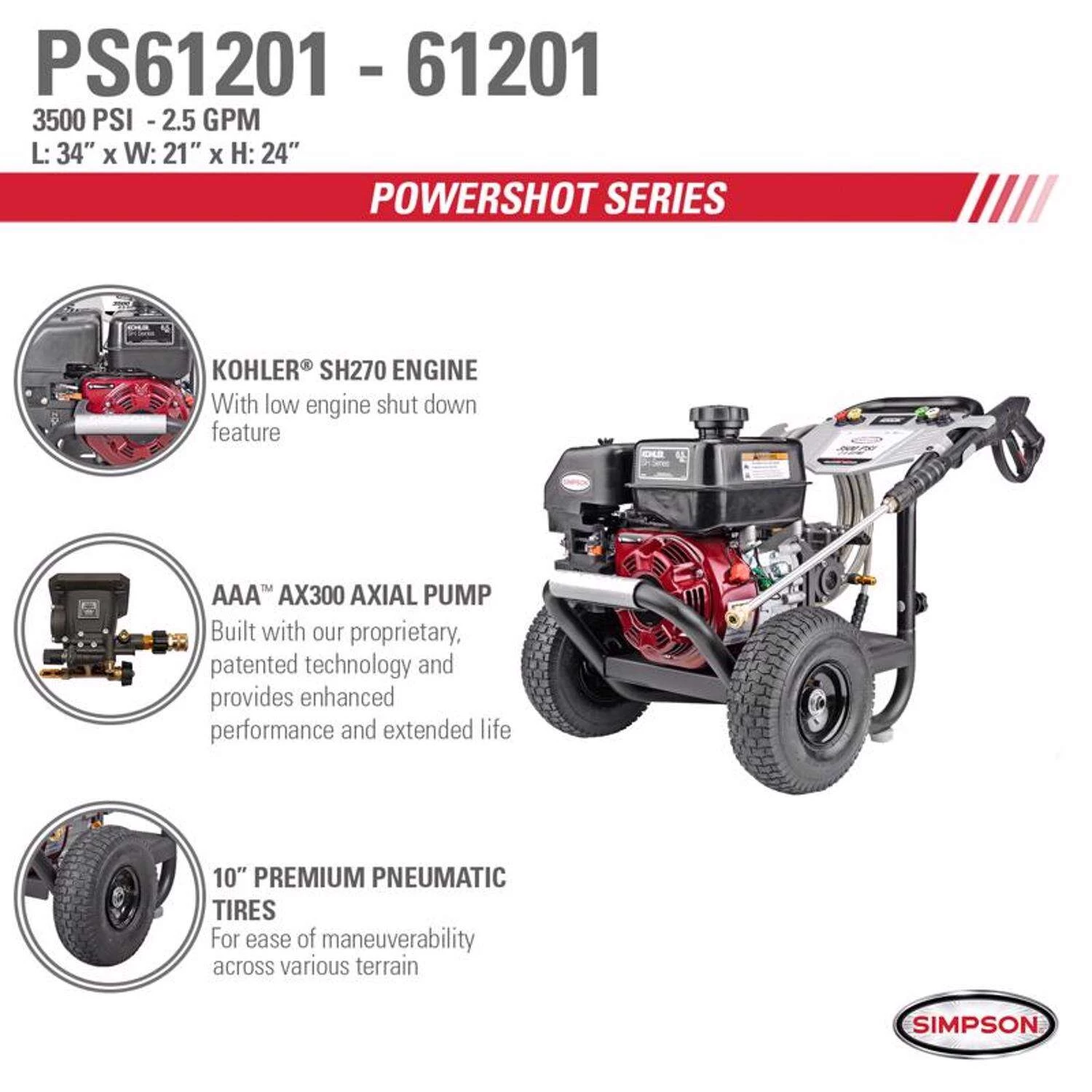 Simpson Powershot PS61201 Kohler 3500 Psi Gas 2.5 Gpm Pressure Washer 5 Simpson Powershot PS61201 Kohler 3500 Psi Gas 2.5 Gpm Pressure Washer - Image 5