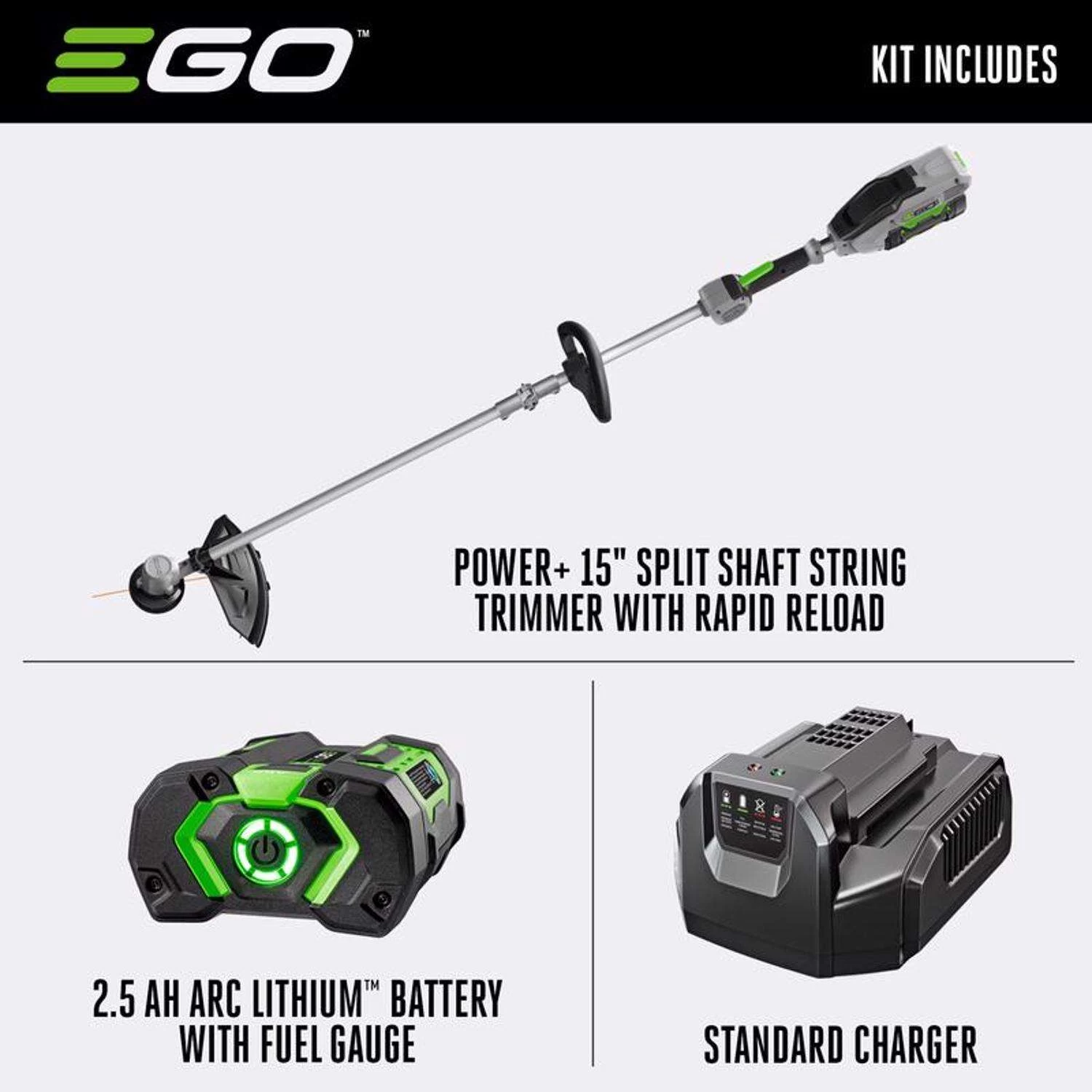 EGO Power+ ST1502SA 15 In. 56 V Battery String Trimmer Kit (Battery & Charger) SPLIT SHAFT W/ RAPID RELOAD & 2.5 AH BATTERY 2 EGO Power+ ST1502SA 15 In. 56 V Battery String Trimmer Kit (Battery & Charger) SPLIT SHAFT W/ RAPID RELOAD & 2.5 AH BATTERY - Image 2